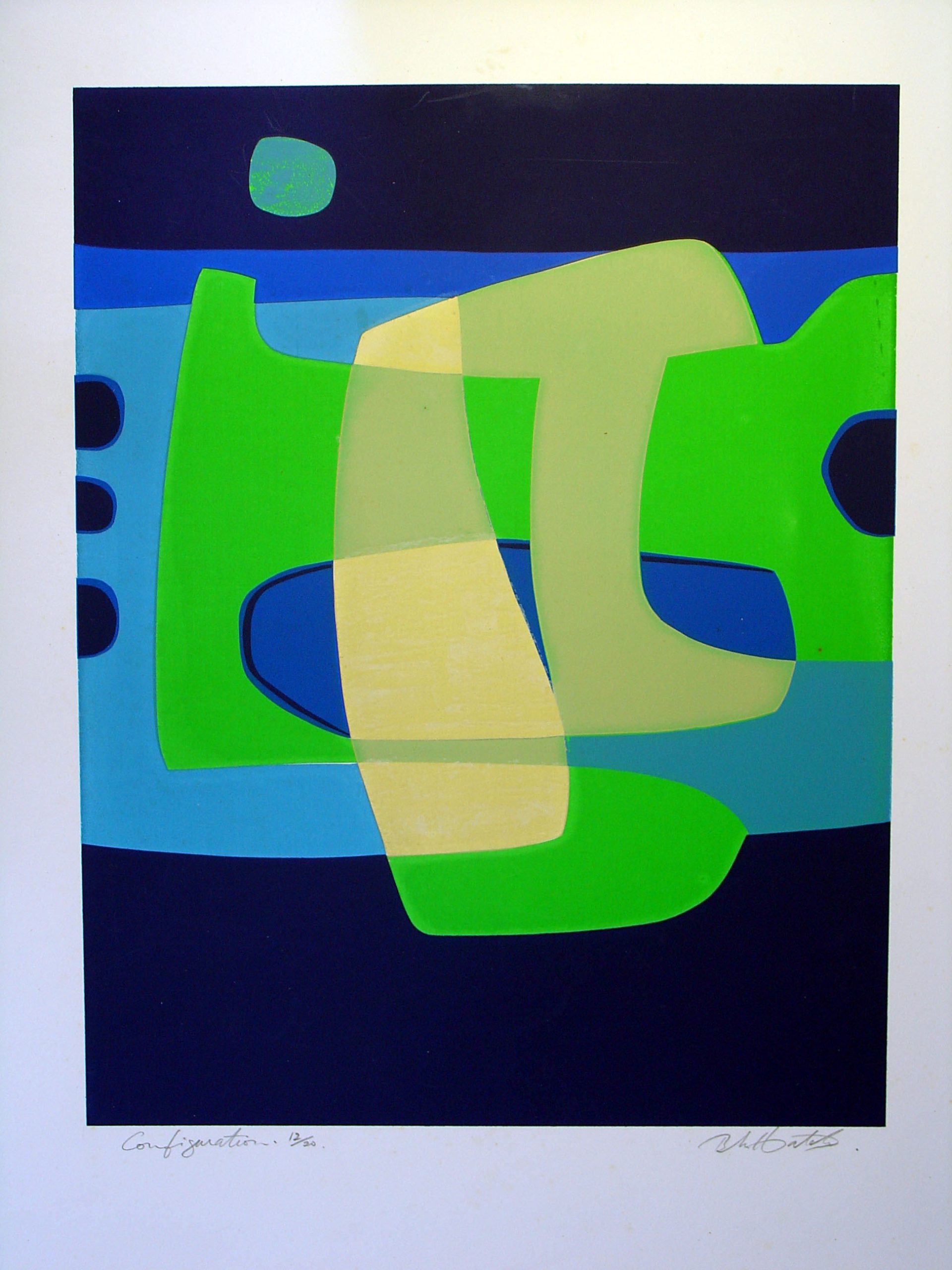 Abstract screen print by Brian Hatch featuring layered green, blue, and yellow geometric forms.