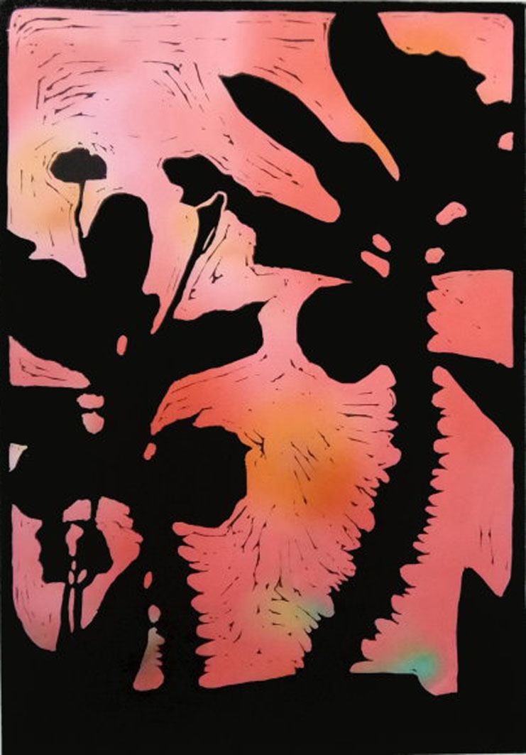 Linocut print of silhouetted plants against red-orange background by Brian Hatch
