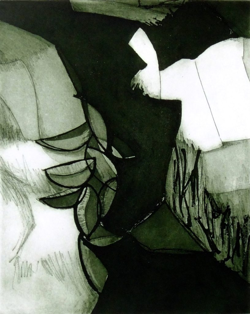 Black and white abstract etching with curved lines and intersecting forms by Brian Hatch