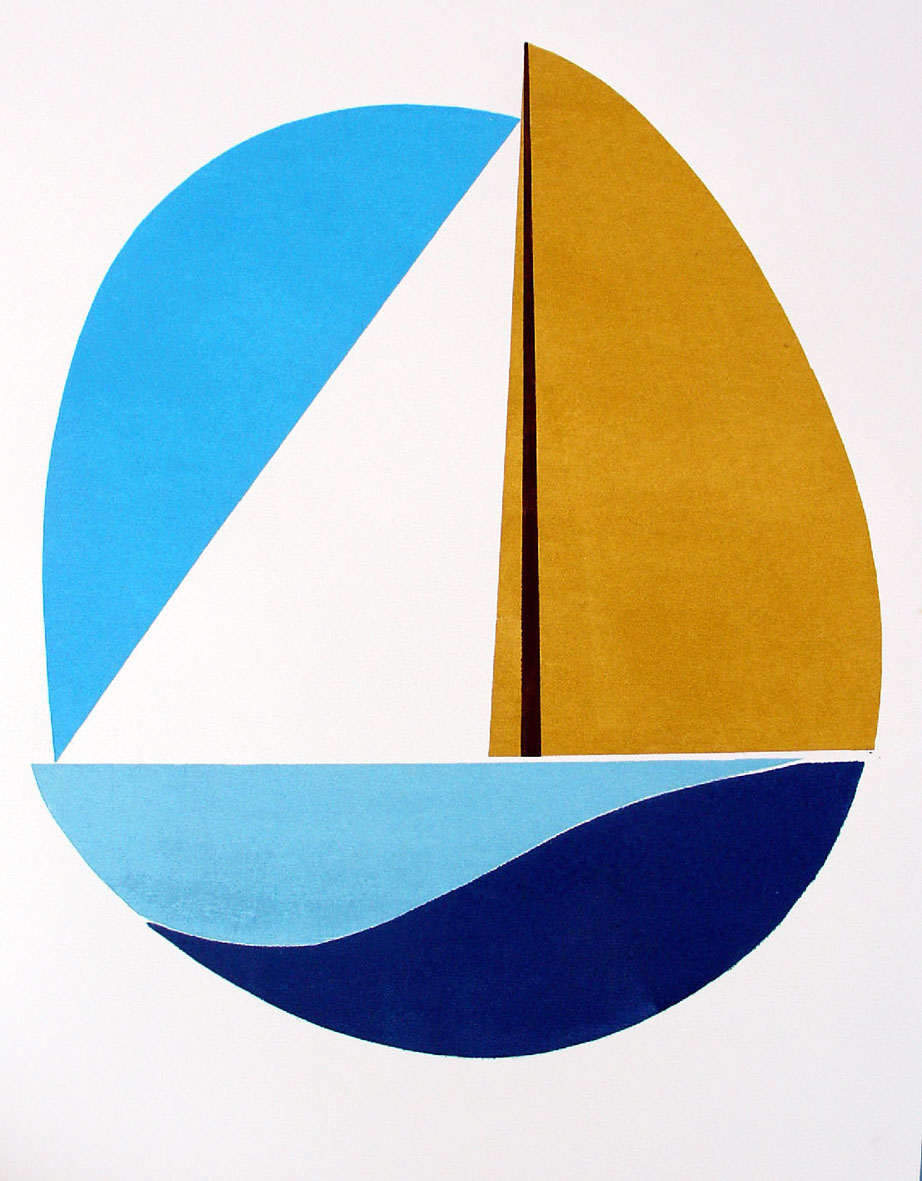 Abstract woodcut print of a sailboat with blue and gold sails by Brian Hatch