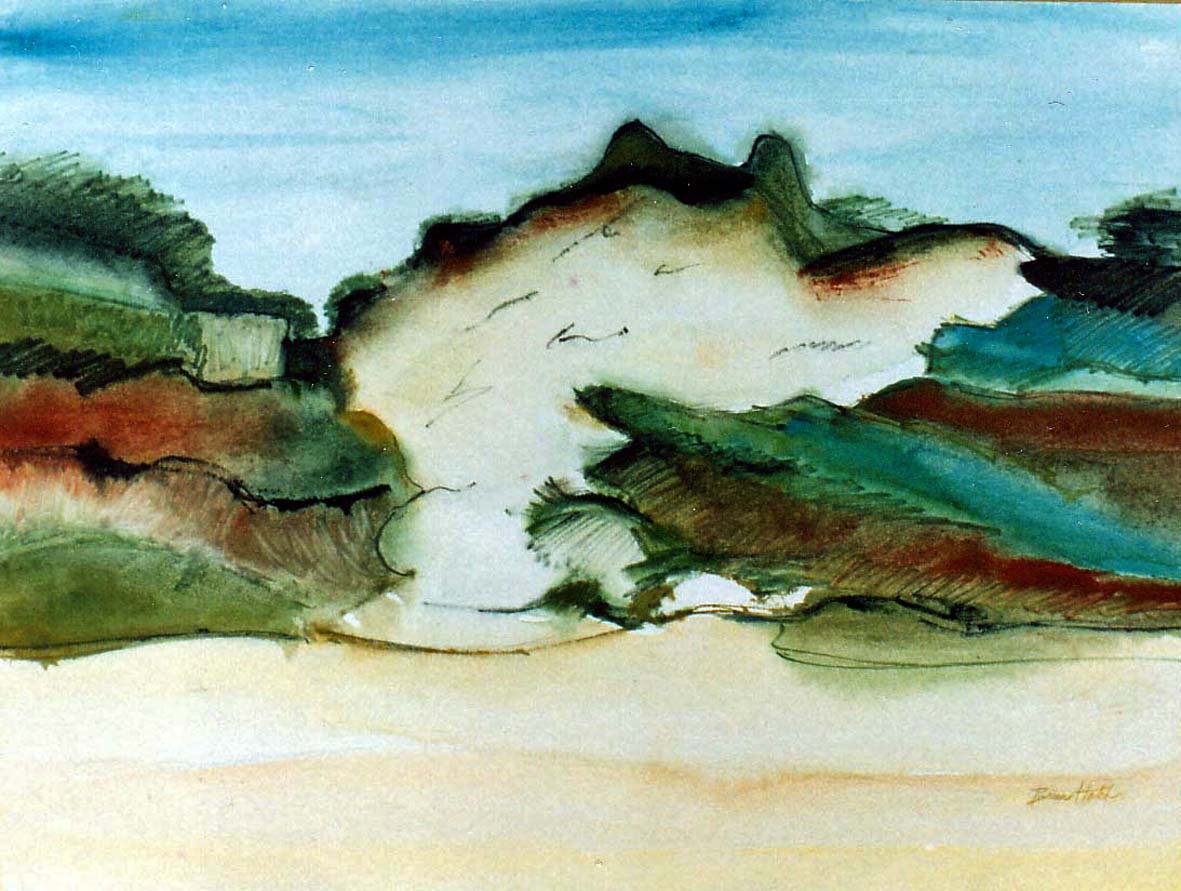 Watercolour painting of a green and red landscape with hills and a soft sandy foreground