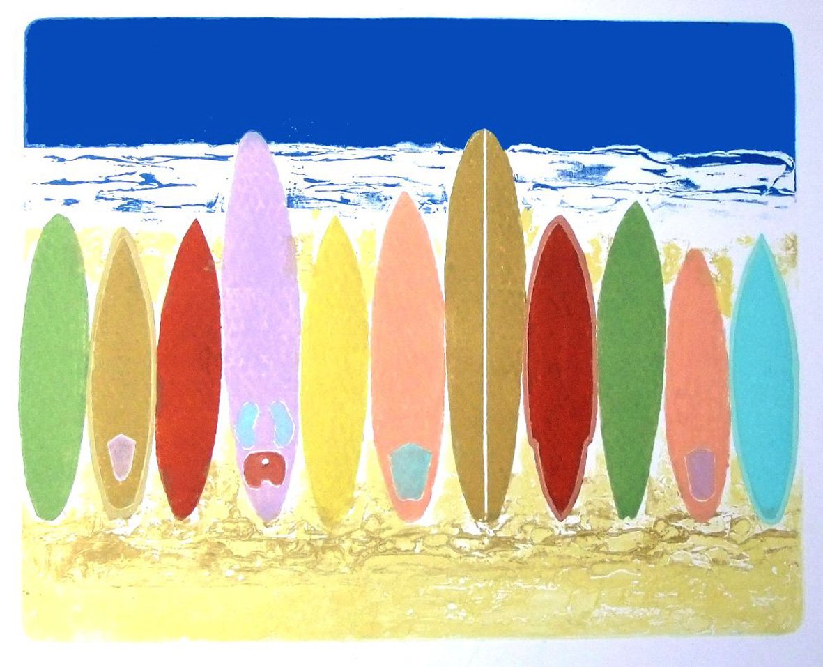 Colorful surfboards lined up on beach with ocean in background – collograph print by Brian Hatch